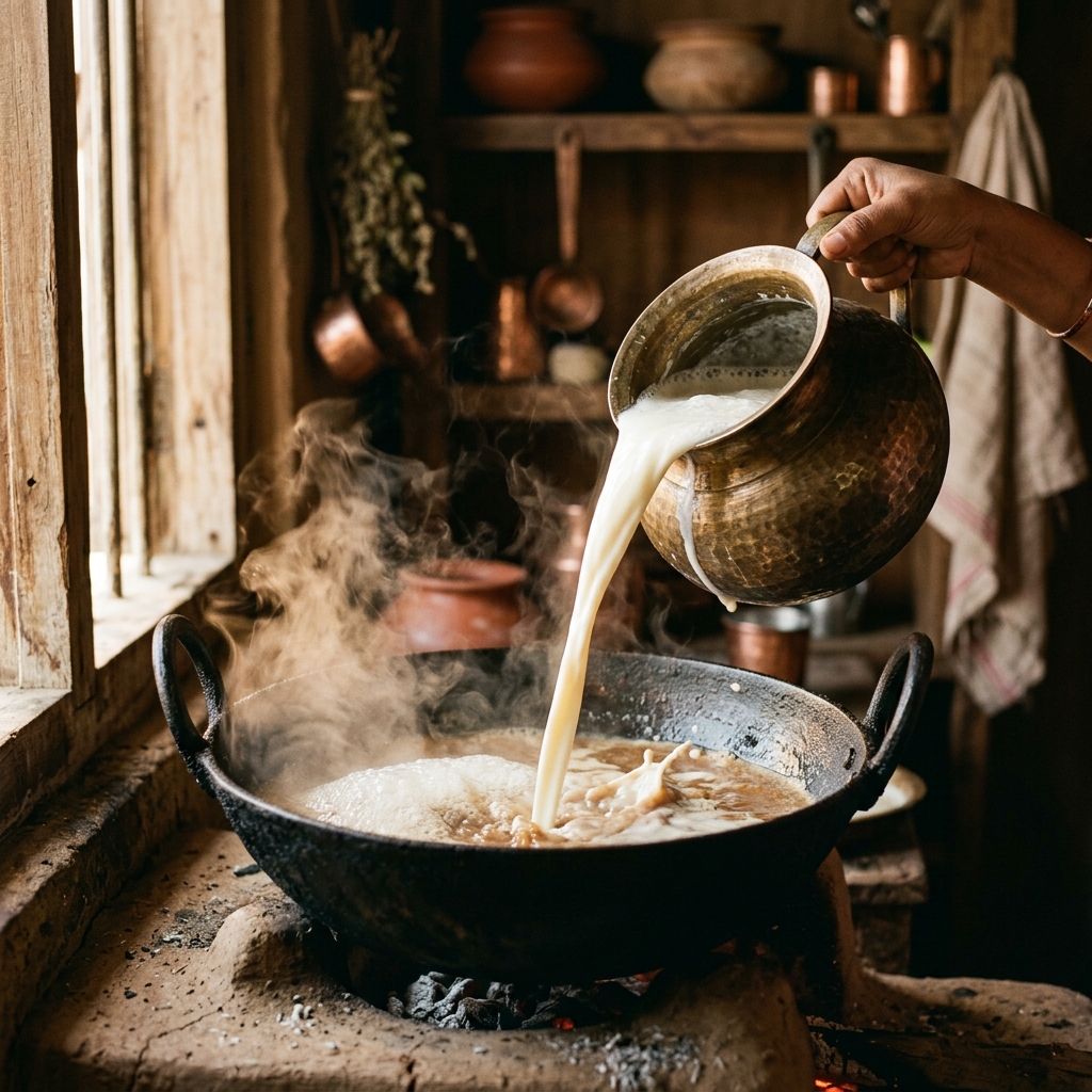 Fresh pure milk poured into iron pot