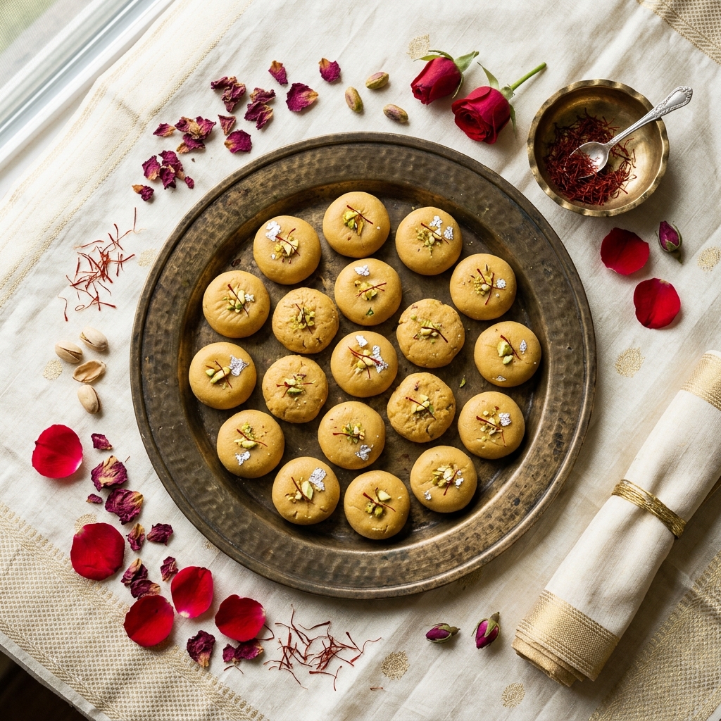 Original Ghormara Pera arranged on brass plate with saffron and rose petals
